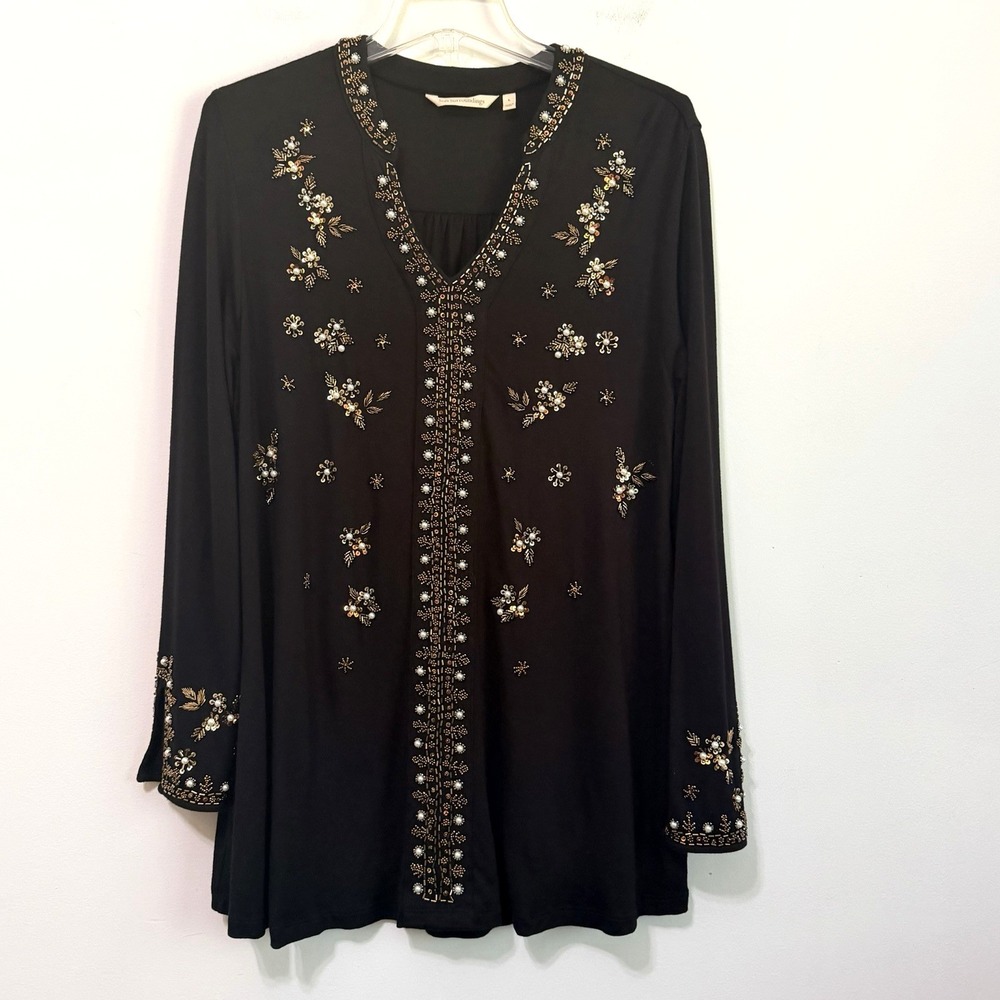 Soft Surroundings Tunic L Black Beaded Jersey Stretch Knit Long Sleeve Pullover